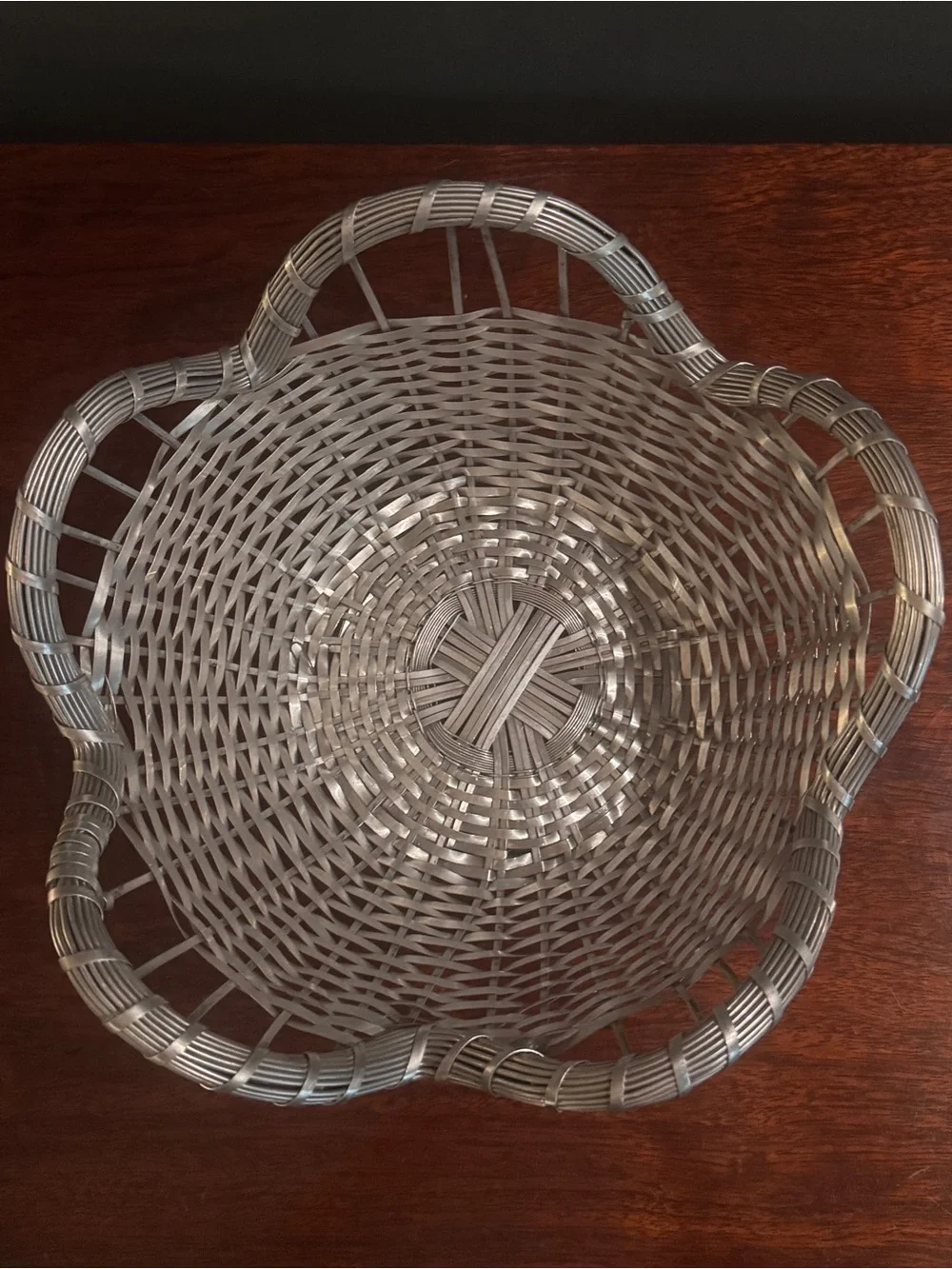 Vintage French Scalloped Silver Tone Woven Metal Basket Decorative Centerpiece